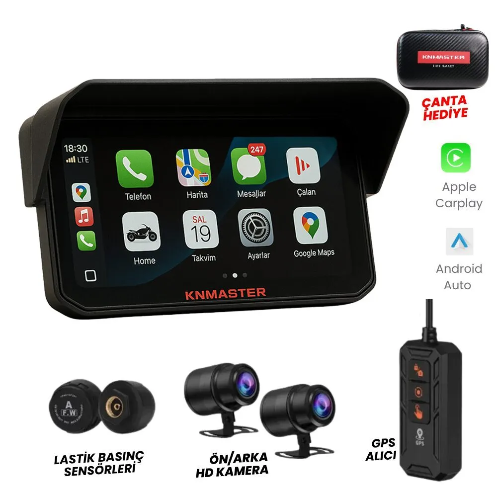 KN MASTER MOTOPLAY 2000 PRO – 6.25” 2K Çift Kameralı Kablosuz CarPlay & Android Auto Destekli Motosiklet Multimedya Ekranı